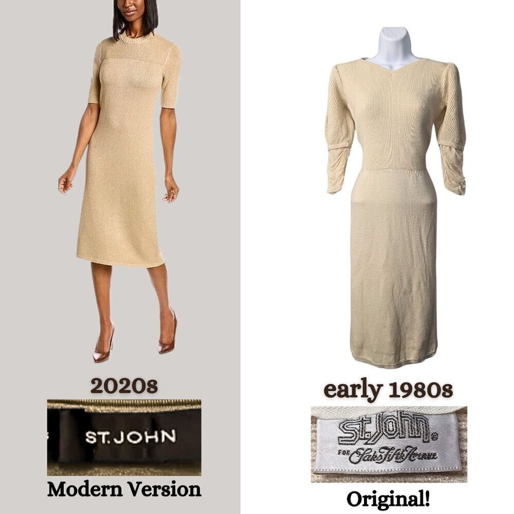 Original Vtg 80s ST. JOHN Ivory Santana Knit Chiffon Fringe Sweaterdress Size M